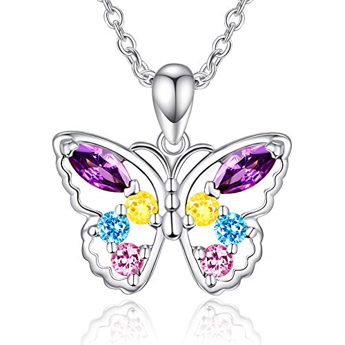 TANGPOET Schmetterling Halskette 925 Sterling Silber Mehrfarbig Zirkonia Schmetterlings Anhänger Kette Schmuck Geschenke für Frauen Damen Mädchen von TANGPOET