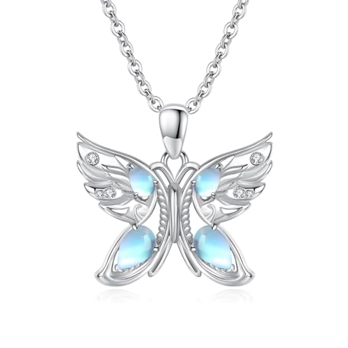 TANGPOET Schmetterling Halskette 925 Sterling Silber Mondstein Schmetterling Anhänger, Geburtstag Schmuck Geschenke für Frauen Damen Mädchen von TANGPOET