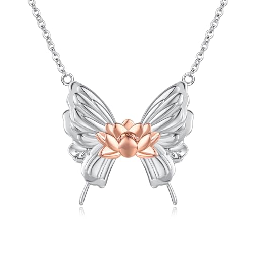 TANGPOET Schmetterling Halskette 925 Sterling Silber Rose Gold Lotus Blume Anhänger, Geburtstag Schmuck Geschenke für Frauen Damen Mädchen von TANGPOET