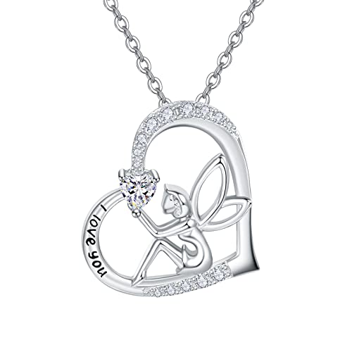 TANGPOET Schutzengel Halskette 925 Sterling Silber Ich liebe Sie Kette Weißes Herz Fee Anhänger Geburtstag Schmuck Geschenke für Frauen Mädchen Damen Kinder von TANGPOET