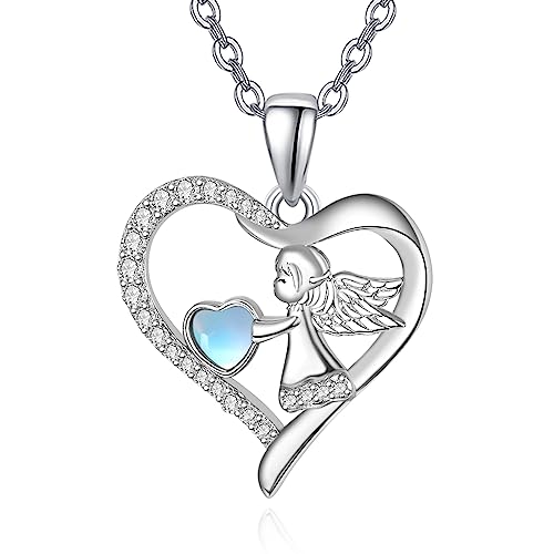 TANGPOET Schutzengel Kette 925 Sterling Silber Engelsflügel Halskette Herz Mondstein Anhänger Valentinstag Schmuck Geschenke für Frauen Mädchen von TANGPOET