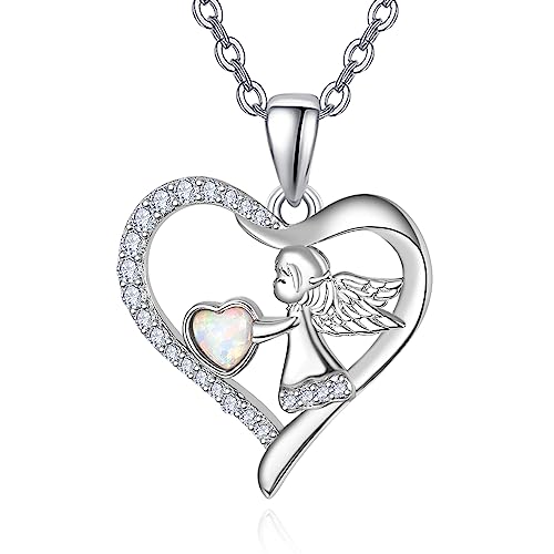 TANGPOET Schutzengel Kette 925 Sterling Silber Engelsflügel Halskette Herz Opal Anhänger Valentinstag Schmuck Geschenke für Frauen Mädchen von TANGPOET