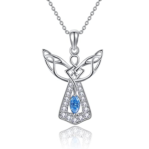 TANGPOET Schutzengel Kette für Damen Silber 925 Engel Anhänger mit blauen Cubic Zirkonia Halskette Guardian Angel Necklace Religiöser Christlicher Schmuck Geschenke von TANGPOET