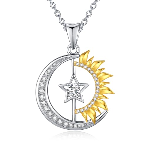 TANGPOET Sonne Mond Stern Halskette für Damen Mädchen Silber 925 Symbol für Freundschaft, Familie, Liebe Kette Schmuck Geschenke für Freund Mutter Frau Tochter Freundin von TANGPOET