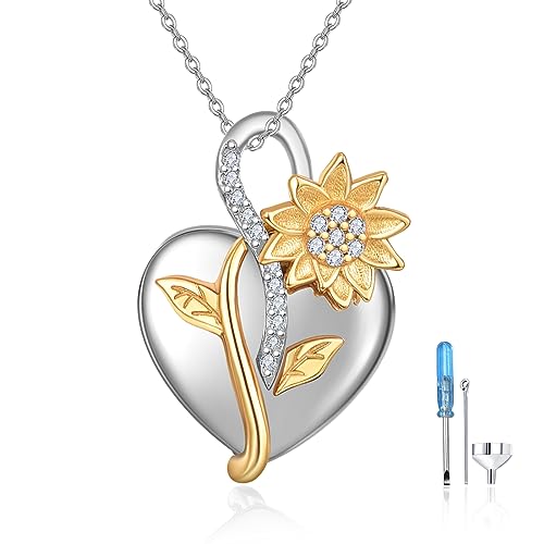 TANGPOET Sonnenblume Asche Halskette 925 Sterling Silber Urnenketten für Asche Gedenk Kremation Schmuck Asche Andenken Anhänger Kette für Herren Damen mit Trichter Füller Kit von TANGPOET