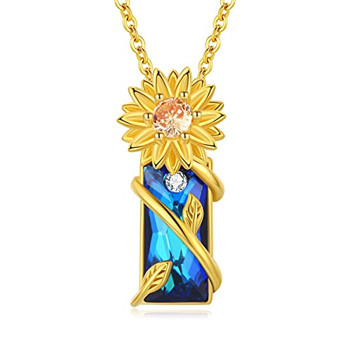 TANGPOET Frauen Sonnenblumen Kristall Halskette Gold, Blau, Silber, 20 Zoll, 2.8g, Kristall, Zirkon, Klassisch, Panzerkette, Zargenfassung, 5 Steine, Poliert, Geschenk, Anlass von TANGPOET