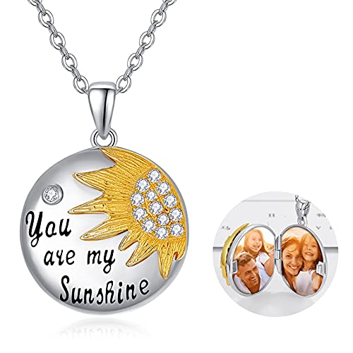 TANGPOET Medaillon Kette 925 Sterling Silber Sonnenblumen Foto Kette Sonnenblumen Anhänger Halskette You Are My Sunshine die 2 Bilder Runde Amulett zum öffnen für Damen und Mädchen von TANGPOET