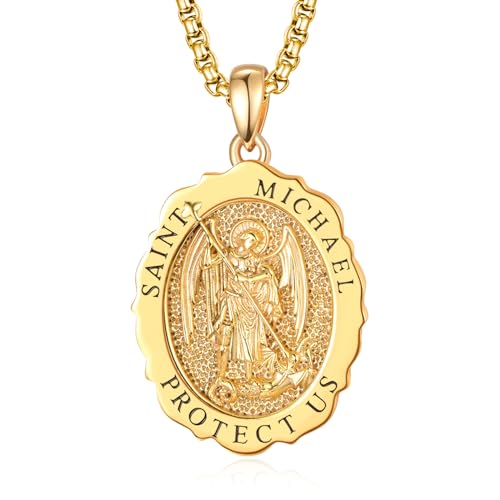 TANGPOET Erzengel Michael Anhänger Kette Saint Michael Halskette Silber 925 24K Vergoldet Heiliger Schmuck Geschenk für Herren Männer von TANGPOET