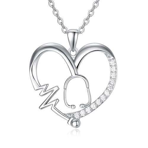 TANGPOET Stethoskop Halskette für Damen Frauen Silber 925 Heartbeats Herz Anhänger Schmuck Wertschätzung Graduierung Stetoskop Geschenke für Krankenschwestern Ärzte Medizinstudenten von TANGPOET