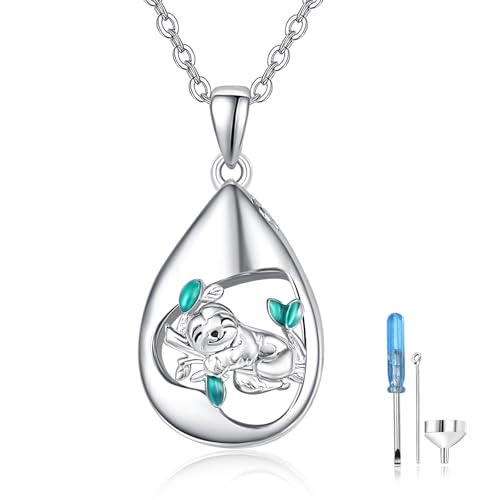 TANGPOET Tropfen Asche Halskette 925 Sterling Silber Faultier Urn Halskette, Urnenketten für Asche Anhänger, Geschenke für Frauen Mädchen, mit Trichter Füller Kit von TANGPOET