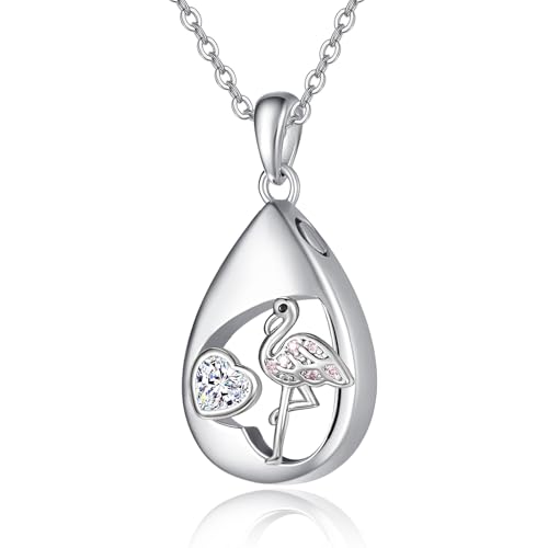 TANGPOET Tropfen Asche Halskette 925 Sterling Silber Flamingo Urn Halskette, Urnenketten für Asche Anhänger, Geschenke für Frauen Mädchen, mit Trichter Füller Kit von TANGPOET