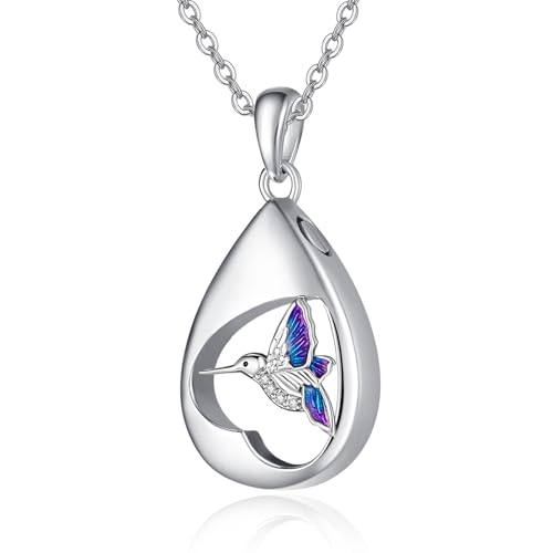 TANGPOET Tropfen Asche Halskette 925 Sterling Silber Kolibri Urn Halskette, Urnenketten für Asche Anhänger, Geschenke für Frauen Mädchen, mit Trichter Füller Kit von TANGPOET