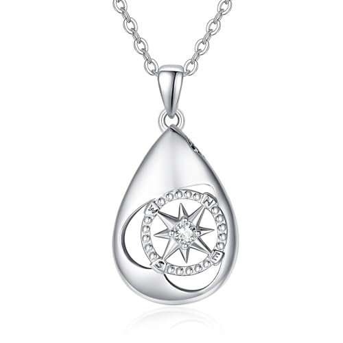TANGPOET Tropfen Asche Halskette 925 Sterling Silber Kompass Urn Halskette, Urnenketten für Asche Anhänger, Geschenke für Frauen Mädchen, mit Trichter Füller Kit von TANGPOET
