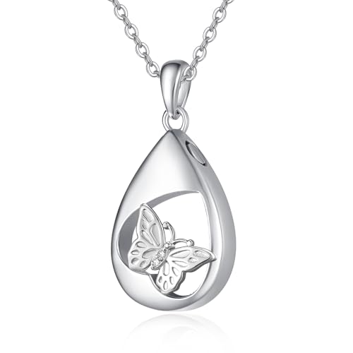 TANGPOET Tropfen Asche Halskette 925 Sterling Silber Schmetterling Urn Halskette, Urnenketten für Asche Anhänger, Geschenke für Frauen Mädchen, mit Trichter Füller Kit von TANGPOET