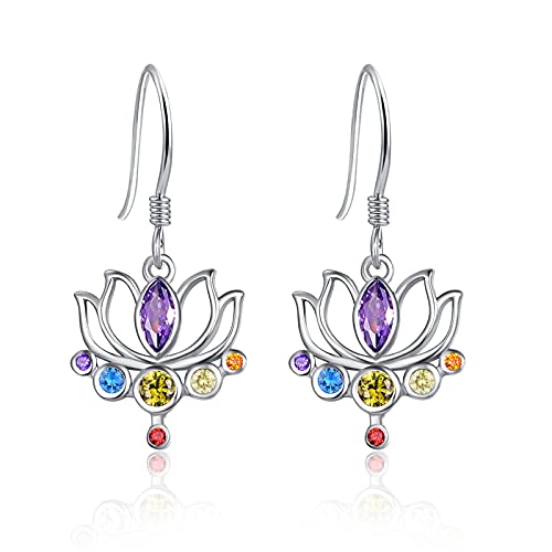 TANGPOET Tropfen Ohrringe Sterling Silber 925 Lotusblume Chakra Hängende Ohrringe Hängend Ohrhänger mit Zirkonia Schmuck für Frauen Damen Mädchen Tochter Mutter von TANGPOET