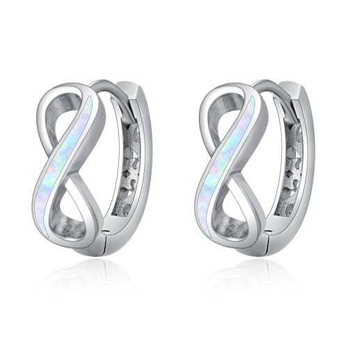 TANGPOET Unendlichkeit Creolen Silber 925 Klein für Damen Frauen Mädchen Weißer Opal Ohrringe Echt Silver Hoop Earrings Schmuck Geschenke für Geburtstag Weihnachten von TANGPOET