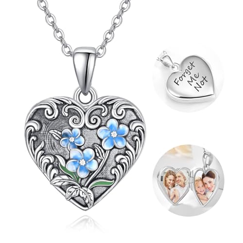 TANGPOET Vergissmeinnicht Herz Medaillon Kette mit Foto für Damen Frauen Silber 925 Vergiss mich nicht Medaillon zum öffnen mit Zwei Bilder Gedenk Schmuck Geschenke von TANGPOET