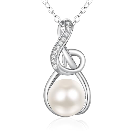TANGPOET Weiß Perlen Kette für Damen Frauen Mädchen Silber 925 Einzeln Perlenkette Simulierte Perle Anhänger Halskette mit Musiknoten Notenschlüssel Pearl Necklace Schmuck Geschenke für Sie von TANGPOET