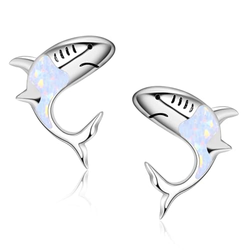 TANGPOET Hai Haifisch Ohrringe für Damen Mädchen Kinder Silber 925 Weiße Opal Ohrstecker Niedlicher Hai Strandschmuck Geschenke für Liebhaber von Meerestieren von TANGPOET
