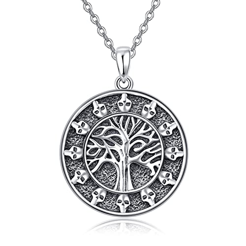 TANGPOET Baum des Lebens Halskette 925 Sterling Silber Skelett Schädel Halskette Wikinger Totenkopf Anhänger Halloween Gotik Schmuck Geschenke für Damen Herren von TANGPOET