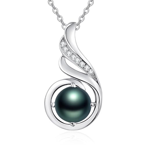 TANGPOET Zarte Schwarze Perlenketten für Frauen Damen 925 Sterling Silber 8mm Perlenanhänger Halskette Einzelne Simulierte Schwarze Perle Schmuck Geschenke für Ehefrau Mutter Mädchen mit 18"+2" Kette von TANGPOET