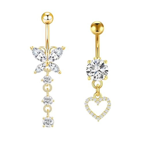 TANGZHIFEIYUE Bauchnabelpiercings, 14 g, hypoallergenes Edelstahl-Bauchnabelpiercing-Set, 2 Stück, goldenes Herz und Schleife, baumelndes Bauchnabelpiercing-Schmuck für Damen und Mädchen von TANGZHIFEIYUE