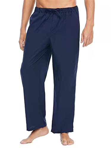 TANLOUI Leinenhose Herren Leicht Einfarbig Sommer Strand Yogahose Kordelzug Bequem Leicht Sommerhose Lockere Passform Weites Bein Loungehose mit Tasche Navy Blau S von TANLOUI