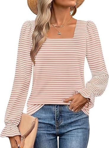 TANMESSO 2024 Damen Herbst Langarm Quadratischer Ausschnitt Gestreift Casual Trendy Tops Shirts, Rosa Streifen, M von TANMESSO