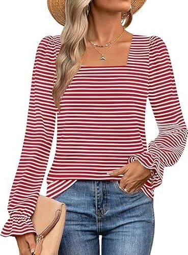 TANMESSO 2024 Damen Herbst Langarm Quadratischer Ausschnitt Gestreift Casual Trendy Tops Shirts, Rot/Weiß, gestreift, XL von TANMESSO