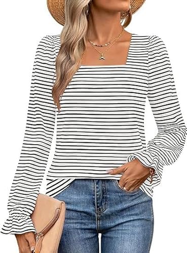 TANMESSO 2024 Damen Herbst Langarm Quadratischer Ausschnitt Gestreift Casual Trendy Tops Shirts, Schwarze Streifen auf weißem Hintergrund, M von TANMESSO