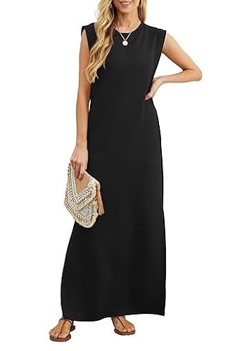 TANMESSO 2024 Damen Sommer Rundhals Lose Split Faltenfrei Lange Maxi Strandkleid mit Taschen, Schwarz , M von TANMESSO