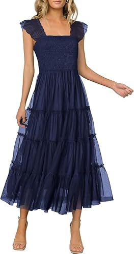 TANMESSO Ärmelloses Damen-Midikleid 2024, lässig, gesmokte Rüschen, fließender Tüll, Sommerkleid, Strand-Outfits, marineblau, XL von TANMESSO