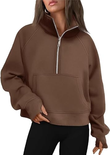 TANMESSO Cropped-Sweatshirts für Damen, Viertelreißverschluss, Fleece-Hoodies, Pullover, Herbstmode mit Daumenlöchern, Braun-1, S von TANMESSO