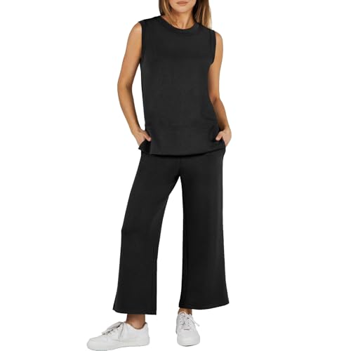 TANMESSO Damen 2 Stück Sommer Outfits Ärmellos Weites Bein Trainingsanzüge Casual Sweat Sets Lounge Sweatsuits, Schwarz , M von TANMESSO