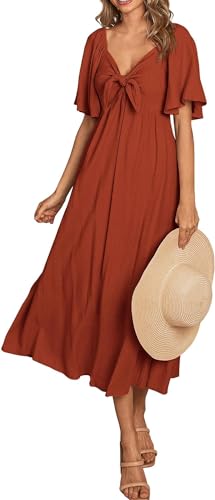 TANMESSO Damen 2024 Casual Kurzarm Fliege V-Ausschnitt Rüschen Midi Flowy Kleider, rostrot, X-Large von TANMESSO