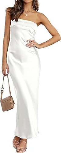 TANMESSO Damen 2025 Satin Trägerlos Tube Bodycon Maxikleid Rückenfrei Hochzeit Gast Sommerkleid, weiß, S von TANMESSO