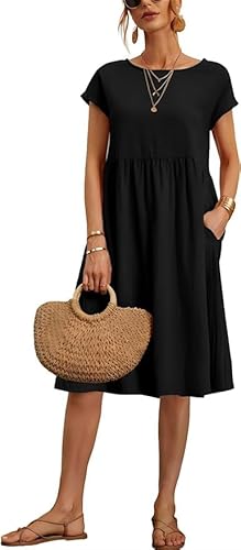 TANMESSO Damen Baggy Rundhals Tunika Kleid Sommer Casual Kurzarm Midi Strandkleid mit Taschen, Schwarz , L von TANMESSO