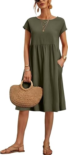TANMESSO Damen Baggy Rundhals Tunika Kleid Sommer Casual Kurzarm Midi Strandkleid mit Taschen, armee-grün, L von TANMESSO