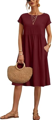 TANMESSO Damen Baggy Rundhals Tunika Kleid Sommer Casual Kurzarm Midi Strandkleid mit Taschen, burgunderfarben, 3XL von TANMESSO