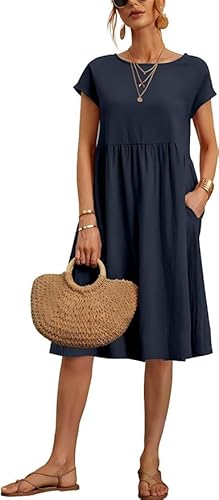 TANMESSO Damen Baggy Rundhals Tunika Kleid Sommer Casual Kurzarm Midi Strandkleid mit Taschen, dunkelblau, L von TANMESSO