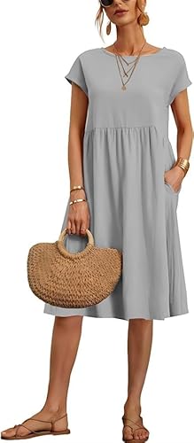 TANMESSO Damen Baggy Rundhals Tunika Kleid Sommer Casual Kurzarm Midi Strandkleid mit Taschen, hellgrau, XX-Large von TANMESSO