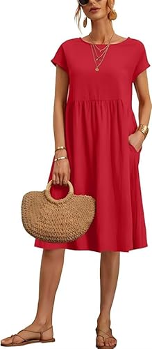 TANMESSO Damen Baggy Rundhals Tunika Kleid Sommer Casual Kurzarm Midi Strandkleid mit Taschen, rot, L von TANMESSO