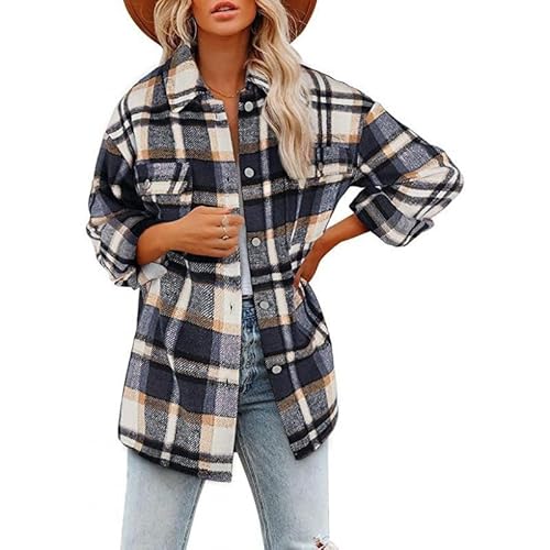 TANMESSO Damen Flanell Plaid Shacket Langarm Button-Down-Jacke mit Seitentaschen, Grau / Blau, XL von TANMESSO