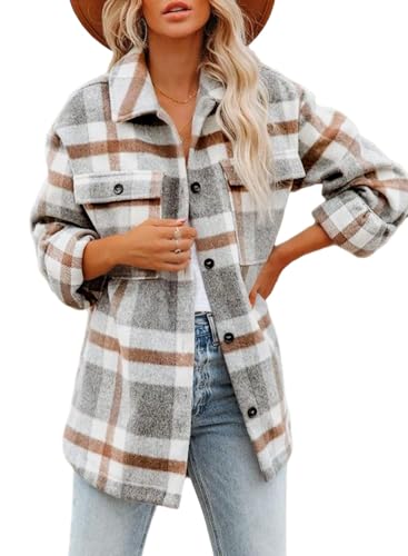 TANMESSO Damen Flanell Plaid Shacket Langarm Button-Down Jacke mit Seitentaschen, khaki, M von TANMESSO