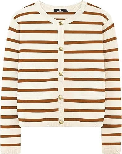 TANMESSO Damen Gestreifte Cropped Cardigan Sweater Button-Down Strickjacke Trendy Herbst & Frühling Outfits, Cremefarben, Karamell, S von TANMESSO