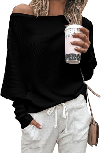 TANMESSO Damen Herbst Strickpullover Lange Fledermausärmel Schulterfrei Loose Fit Casual Pullover, Schwarz , XL von TANMESSO