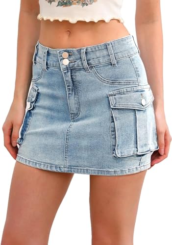 TANMESSO Damen Low Waist Button Mini Cargo Denim Rock mit Taschen Casual Minirock für Sommer, blau vintage, 40 von TANMESSO