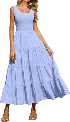 TANMESSO Damen-Maxikleid, gesmokt, ärmellos, gestuft, lang, lässig, Sommerkleider, hellblau, M von TANMESSO