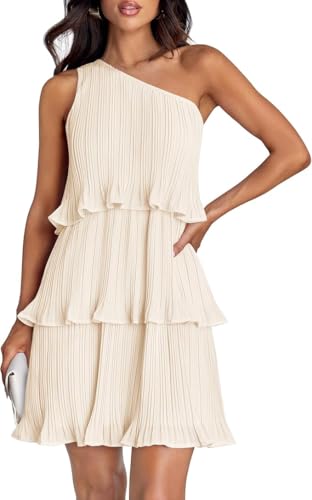 TANMESSO Damen One Shoulder Rüschen Minikleid | Ärmellos Boho Gestuft Chiffon A-Linie Sommerkleid 2024, aprikose, Medium von TANMESSO