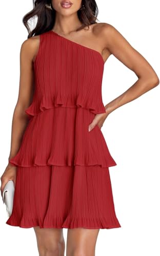 TANMESSO Damen One Shoulder Rüschen Minikleid | Ärmellos Boho Gestuft Chiffon A-Linie Sommerkleid 2024, rot, Medium von TANMESSO